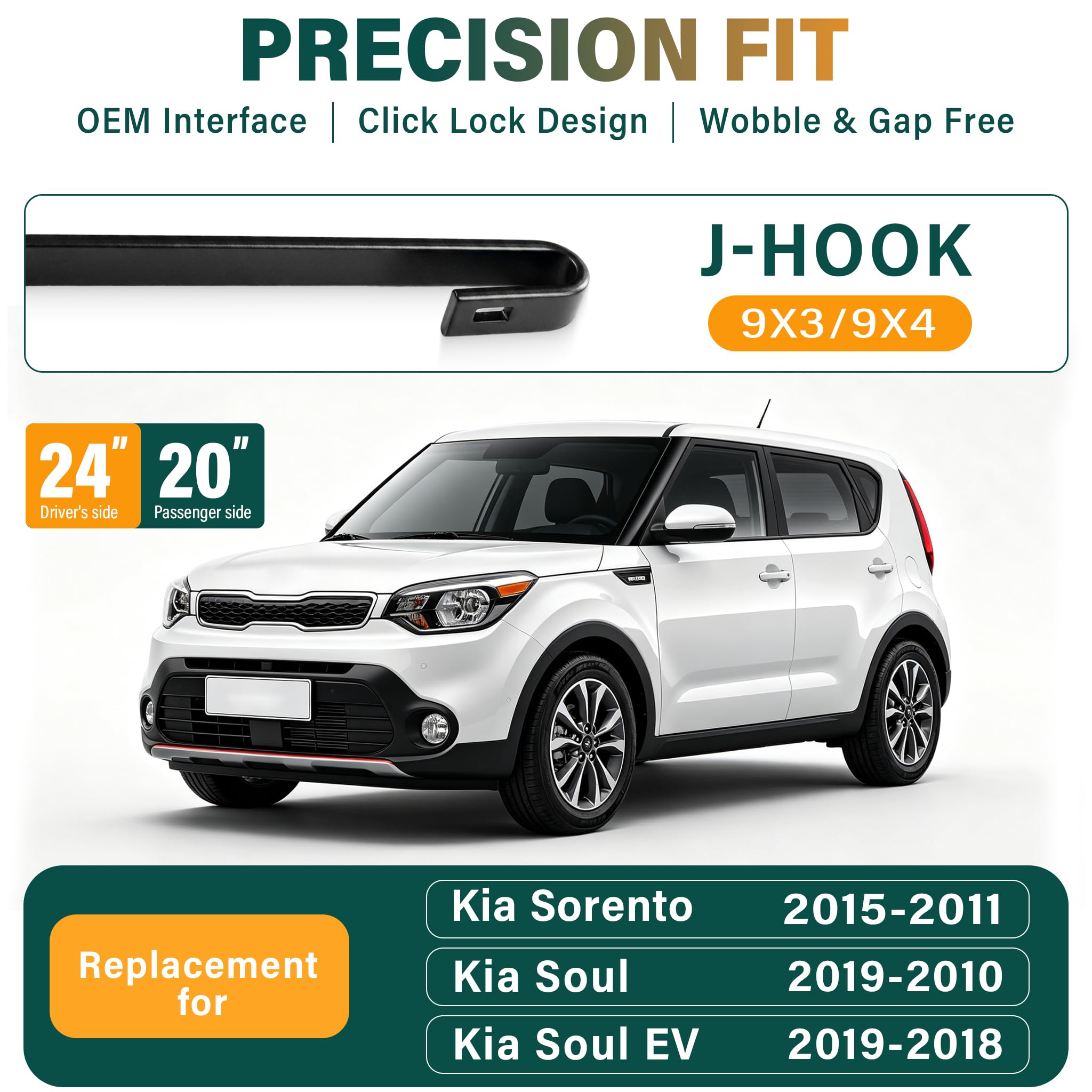 KVQ wiper blades Kia Sorento fitment close-up showing precise hook interface