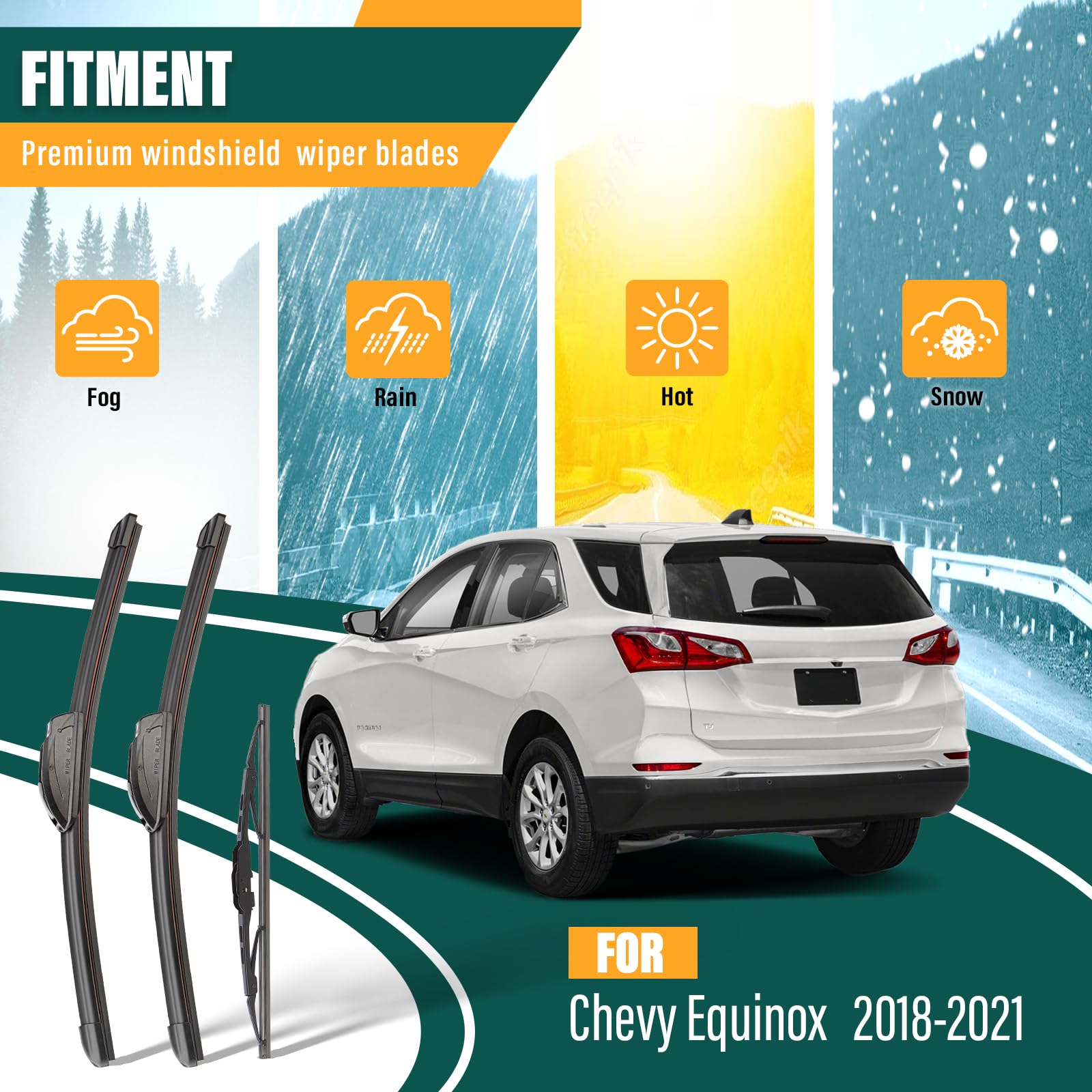 KVQ wiper blades 18-inch front passenger side for Equinox, smooth wipe in heavy rain.