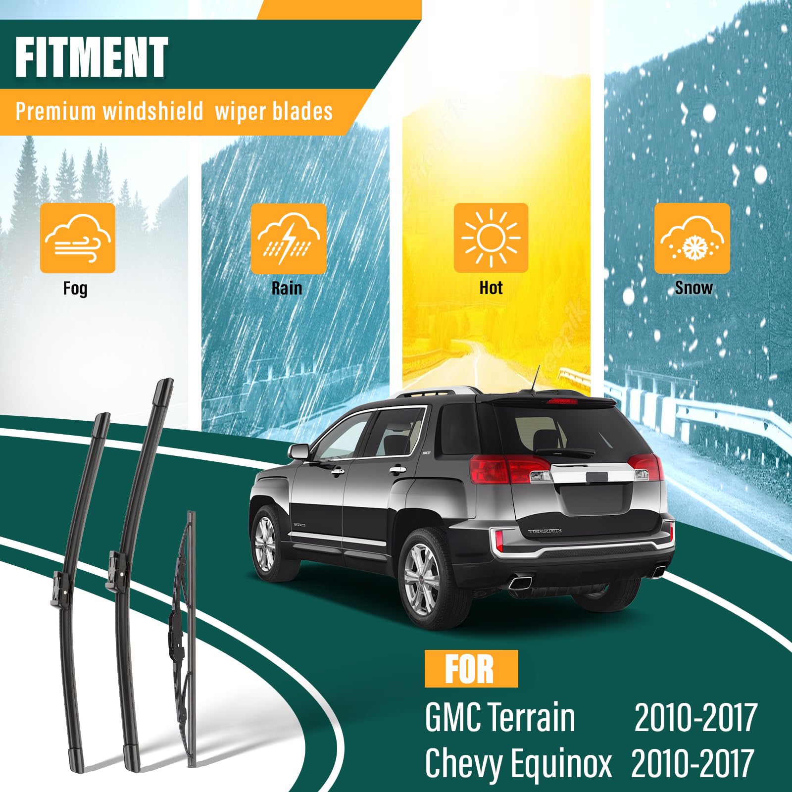 KVQ click-lock system secures wiper blades to GMC Terrain and Chevy Equinox arms for quick installs.