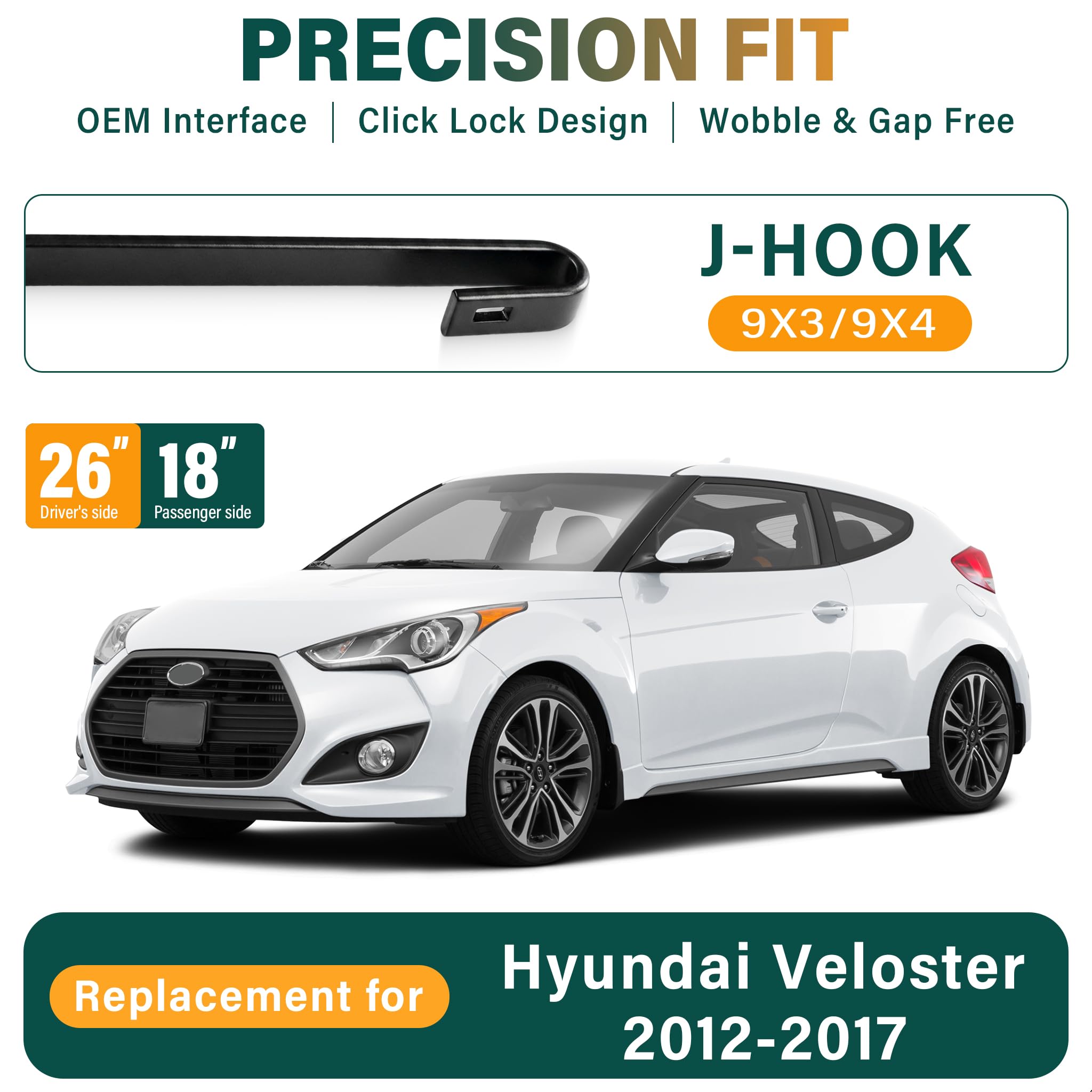 KVQ Veloster 18-inch wiper blade front or rear view for uniform contact on glass.