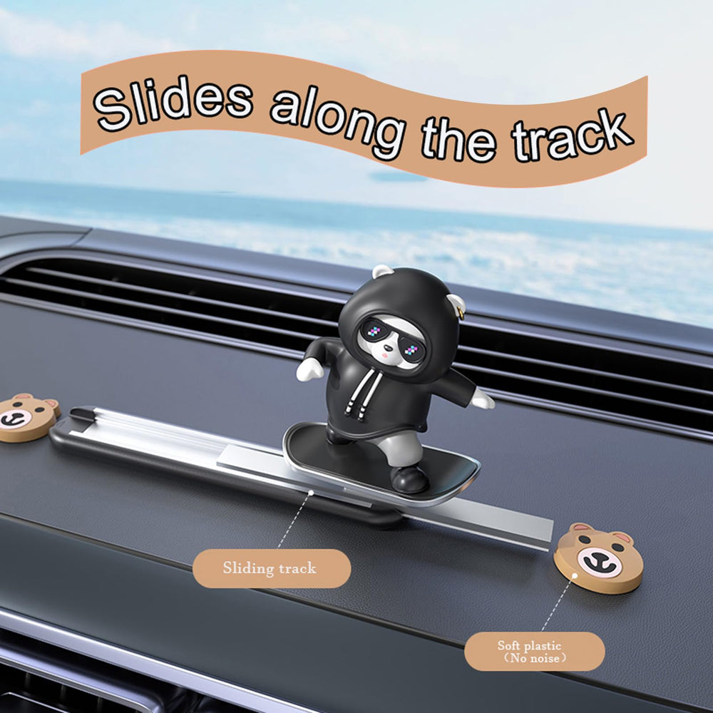 Kwak's skateboarding bear blue version sits stylishly on dashboard, ready to amuse commuters.