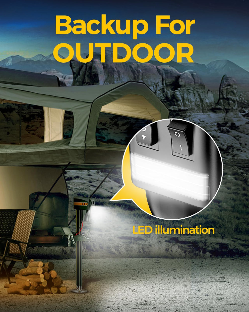 KYX electric trailer jack installed on a travel trailer for quick setup.