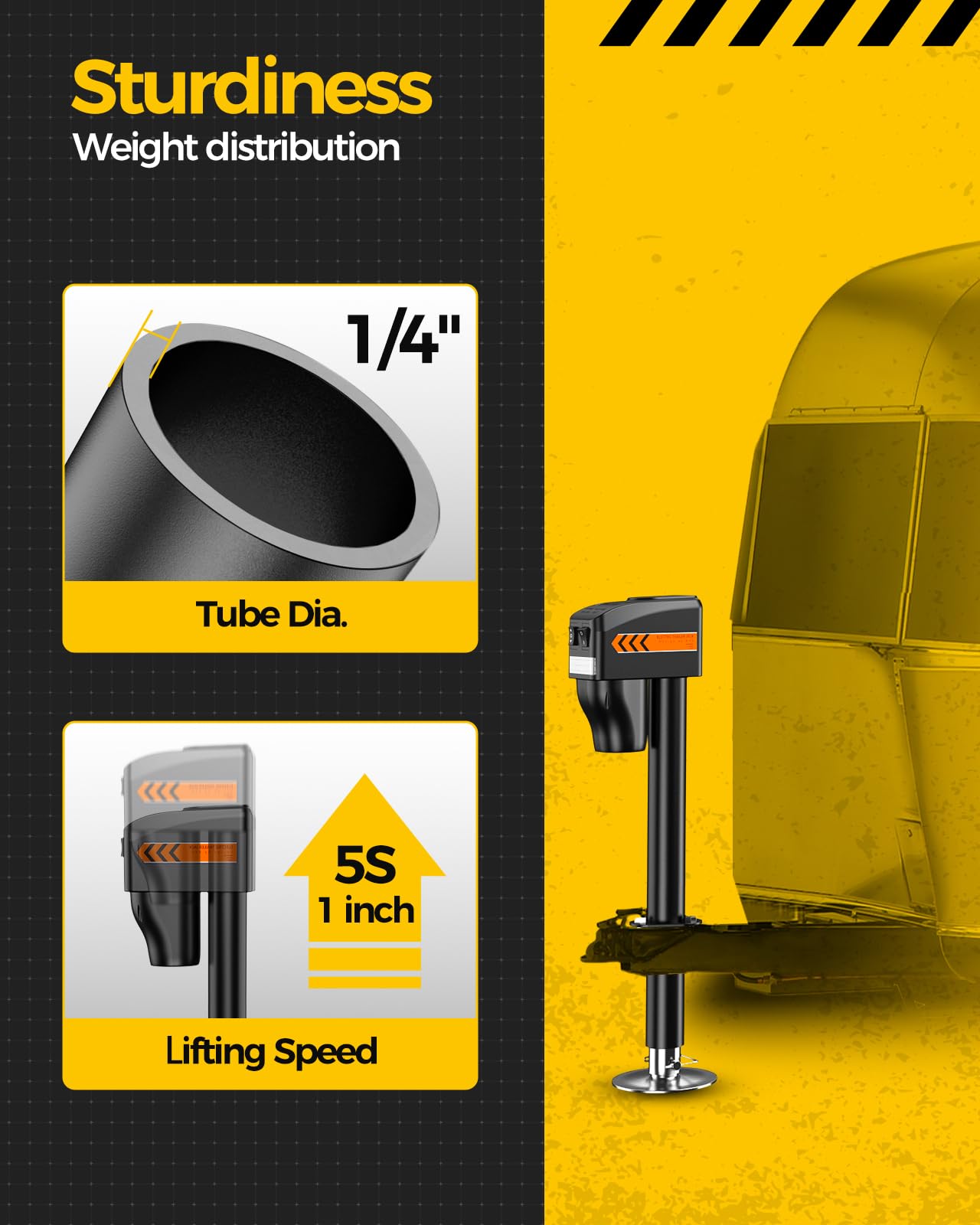 KYX electric trailer jack retracted to 9 inches for compact storage.