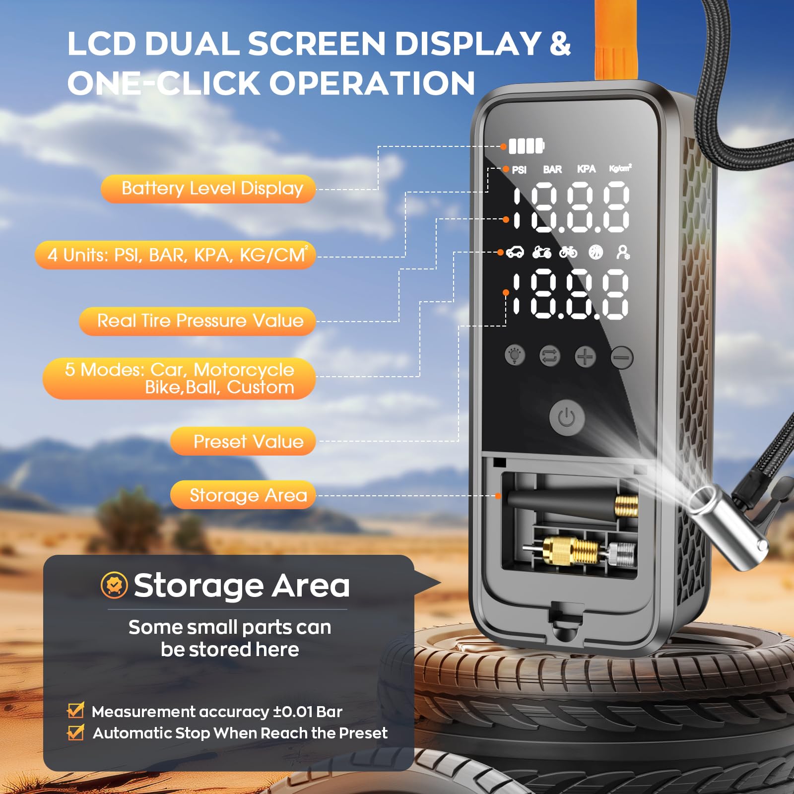 KZKB tire inflator LED light aids visibility in low-light emergencies.