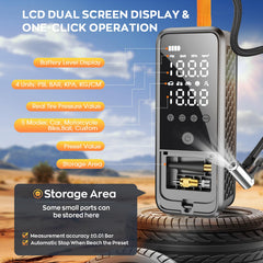 KZKB tire inflator LED light aids visibility in low-light emergencies.