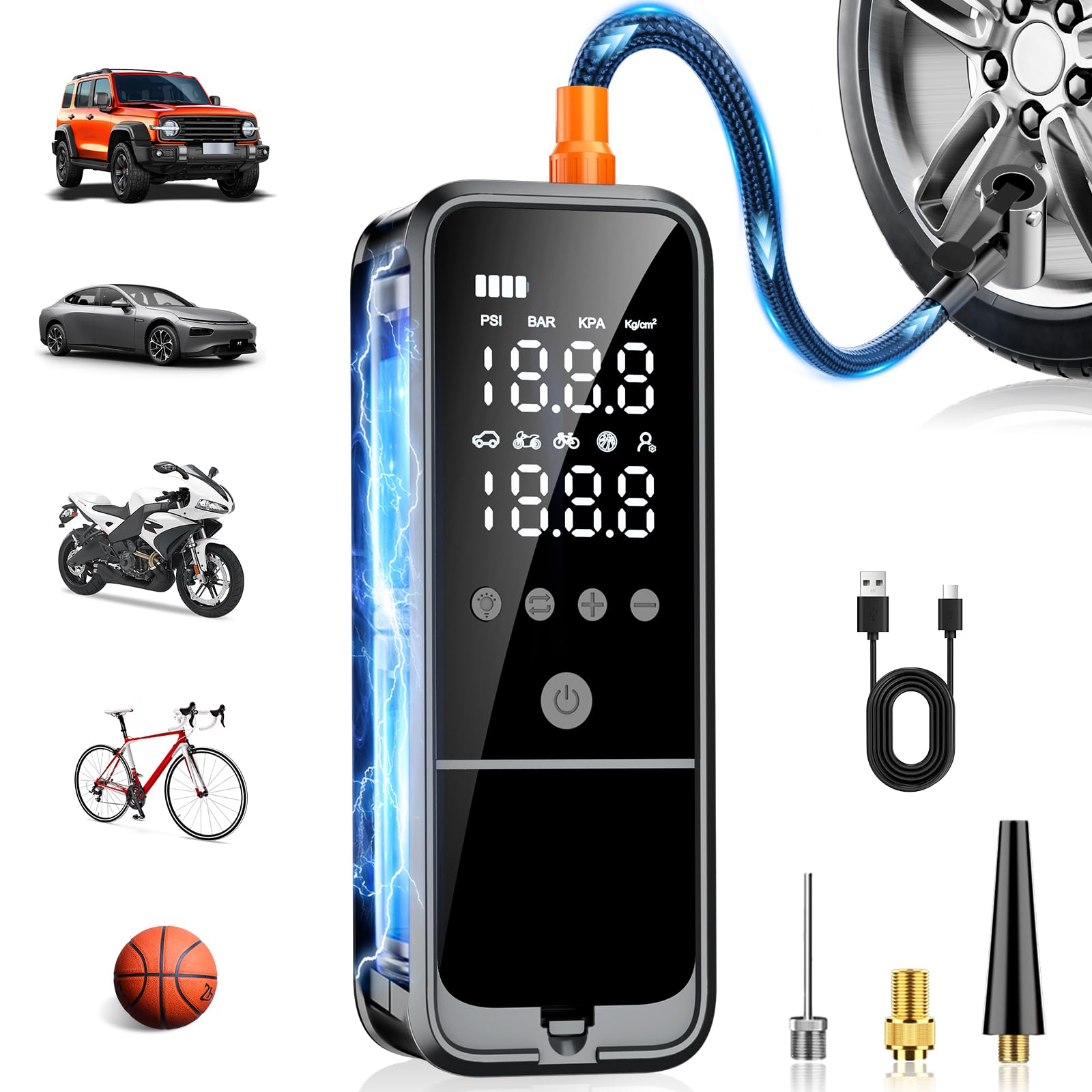 KZKB tire inflator main view shows fast, accurate inflation for cars and bikes.