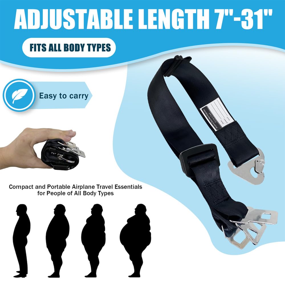 LABARAIN seat belt extender in use on airplane for added comfort.