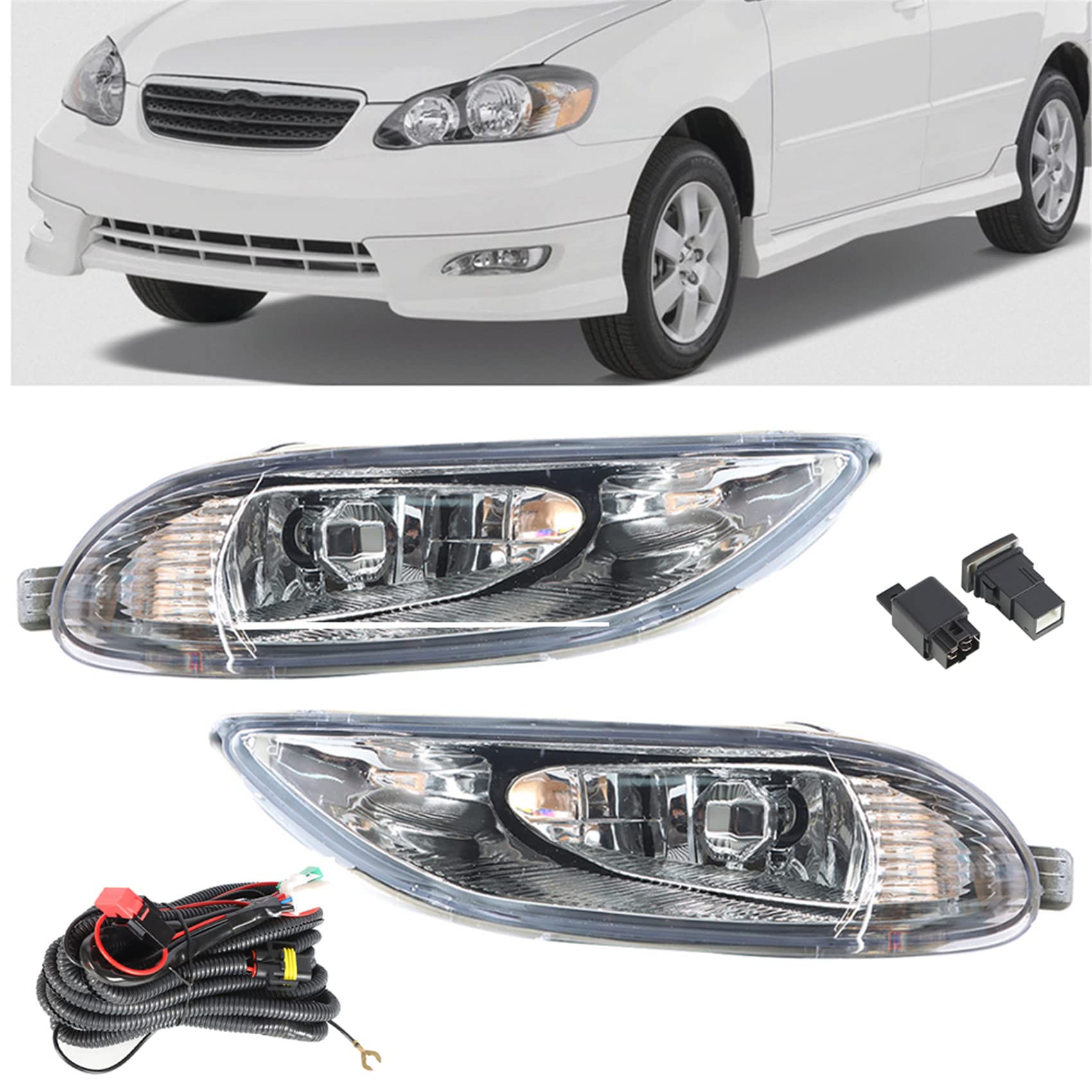 Labwork Corolla fog light driver-side chrome housing improves nighttime visibility.