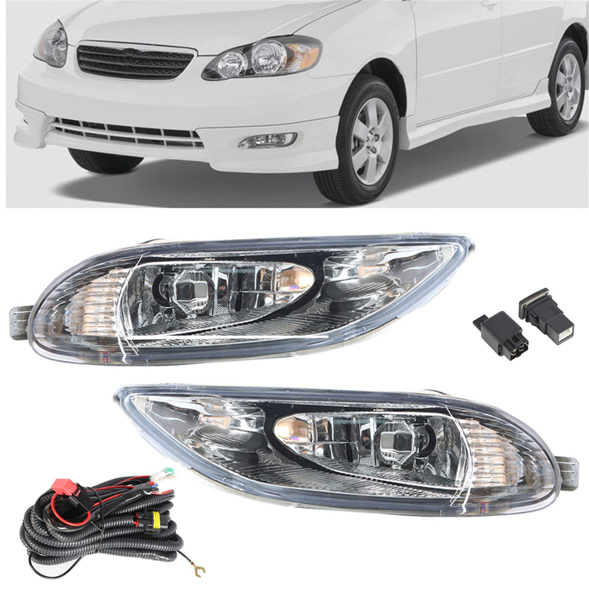 Labwork Corolla fog light driver-side chrome housing improves nighttime visibility.