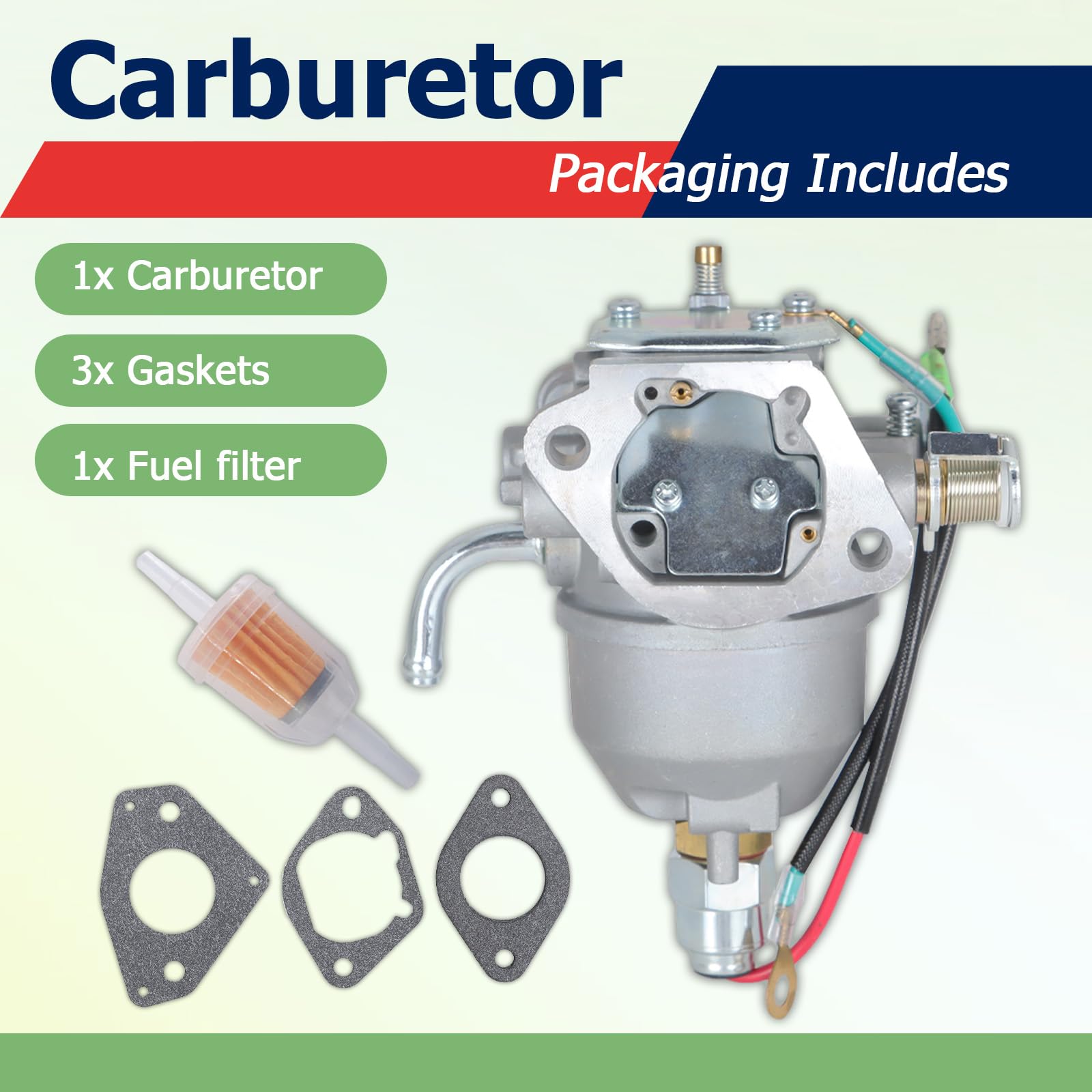 Labwork Kohler CV624 carburetor photo highlighting included gaskets and filter for easy install