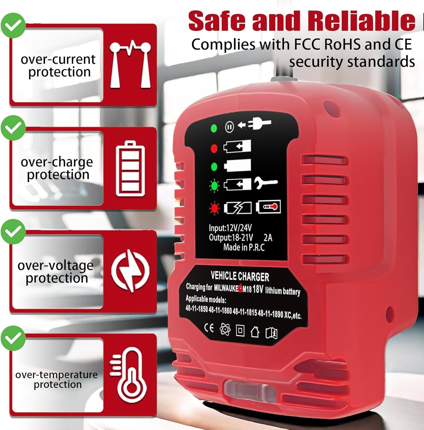 Laimiao Milwaukee M18 mini car charger LED indicator displays charging status.