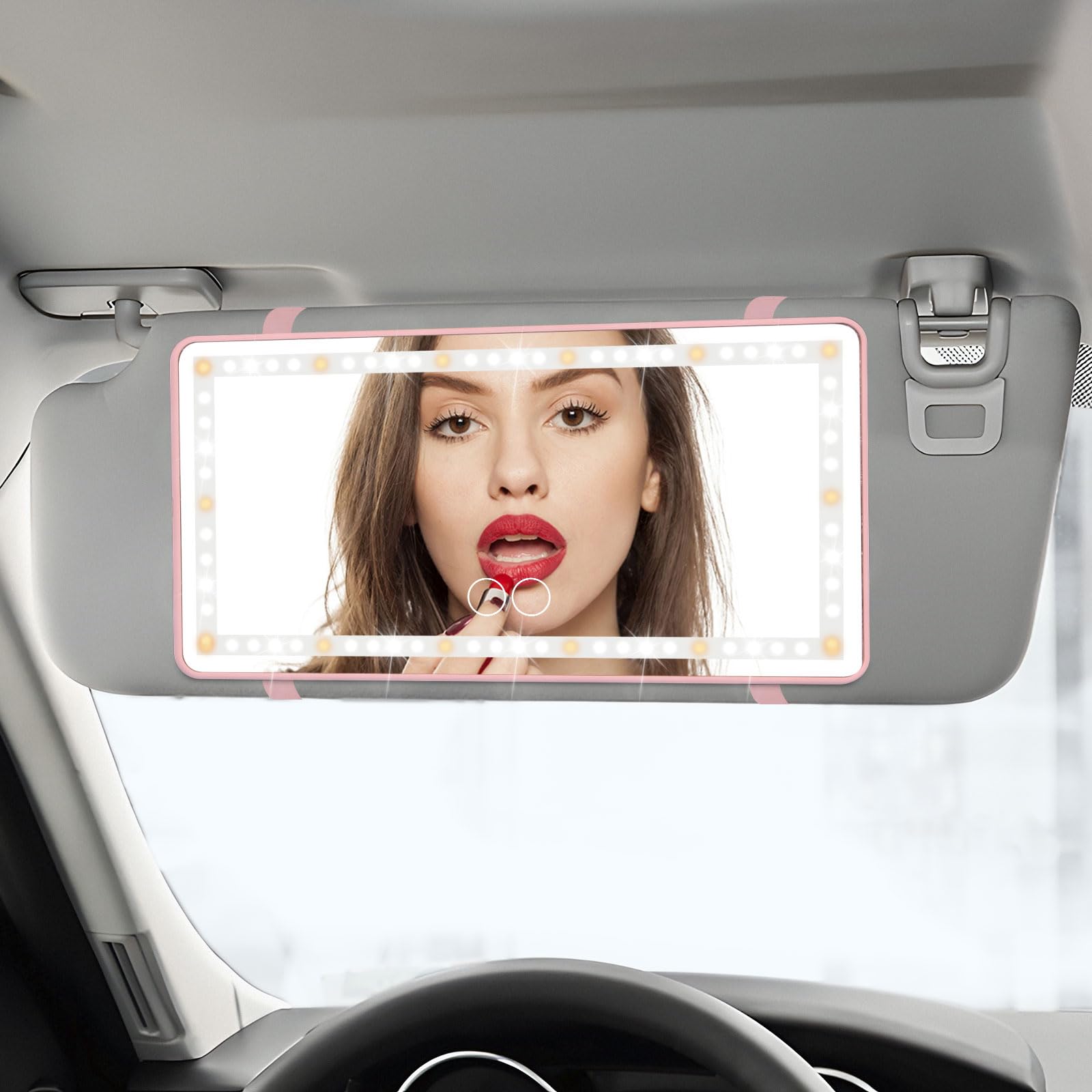 LAITEMEN makeup-light for car visor, pink, provides shadow-free lighting for precise application.