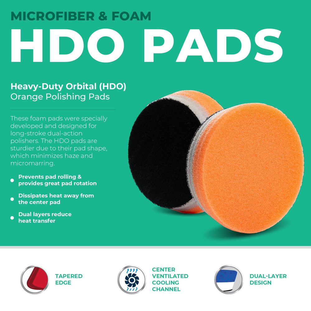 Lake Country HDO orange foam pad with tapered edges minimizes haze during polishing.