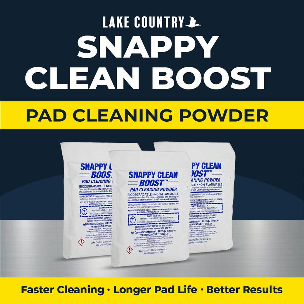 Lake Country Snappy Cleaner Powder deep-cleans pads in a pail soak.