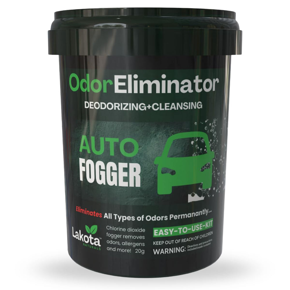 Lakota Naturals chlorine dioxide fogger kit box demonstrates easy car odor removal.