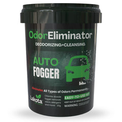 Lakota Naturals chlorine dioxide fogger kit box demonstrates easy car odor removal.