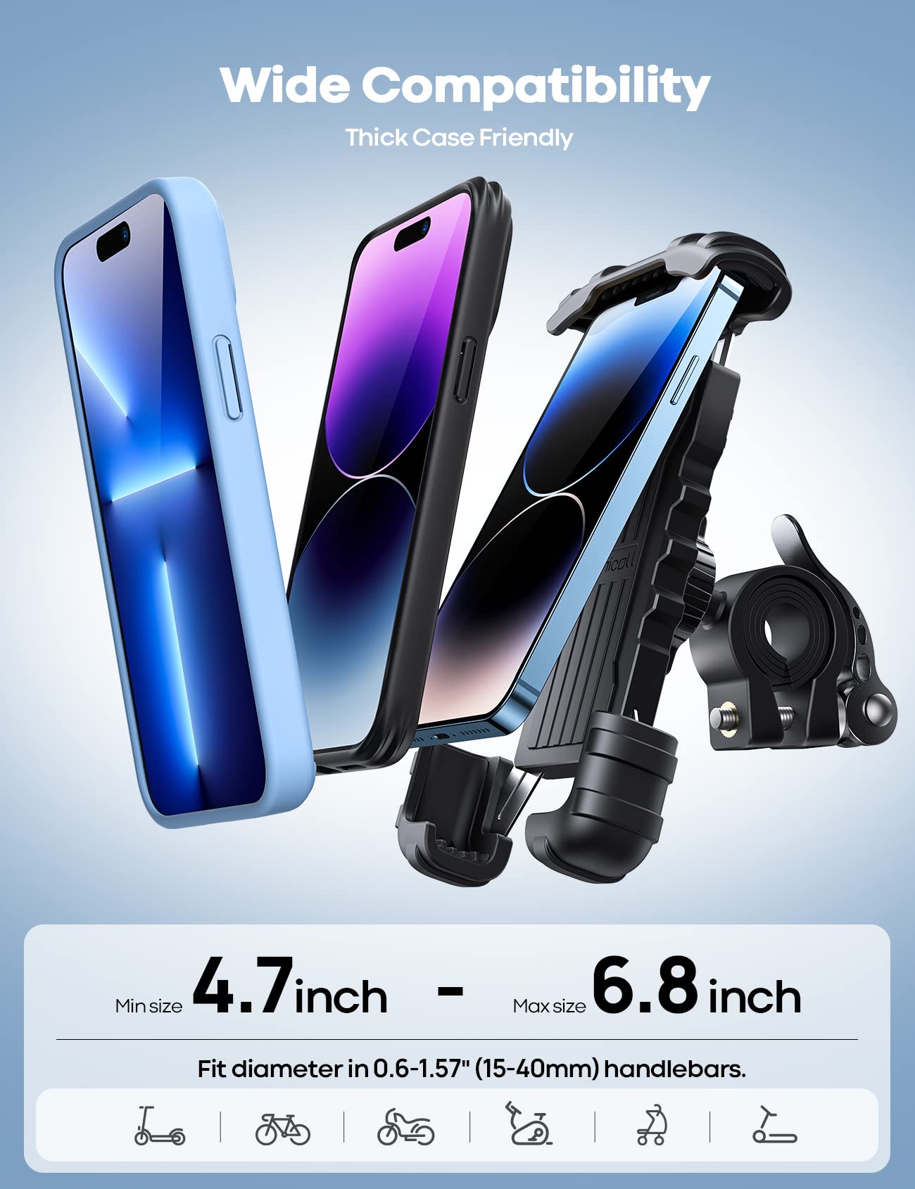 Lamicall bike phone holder fits 4.7-6.8-inch phones, including iPhone series.