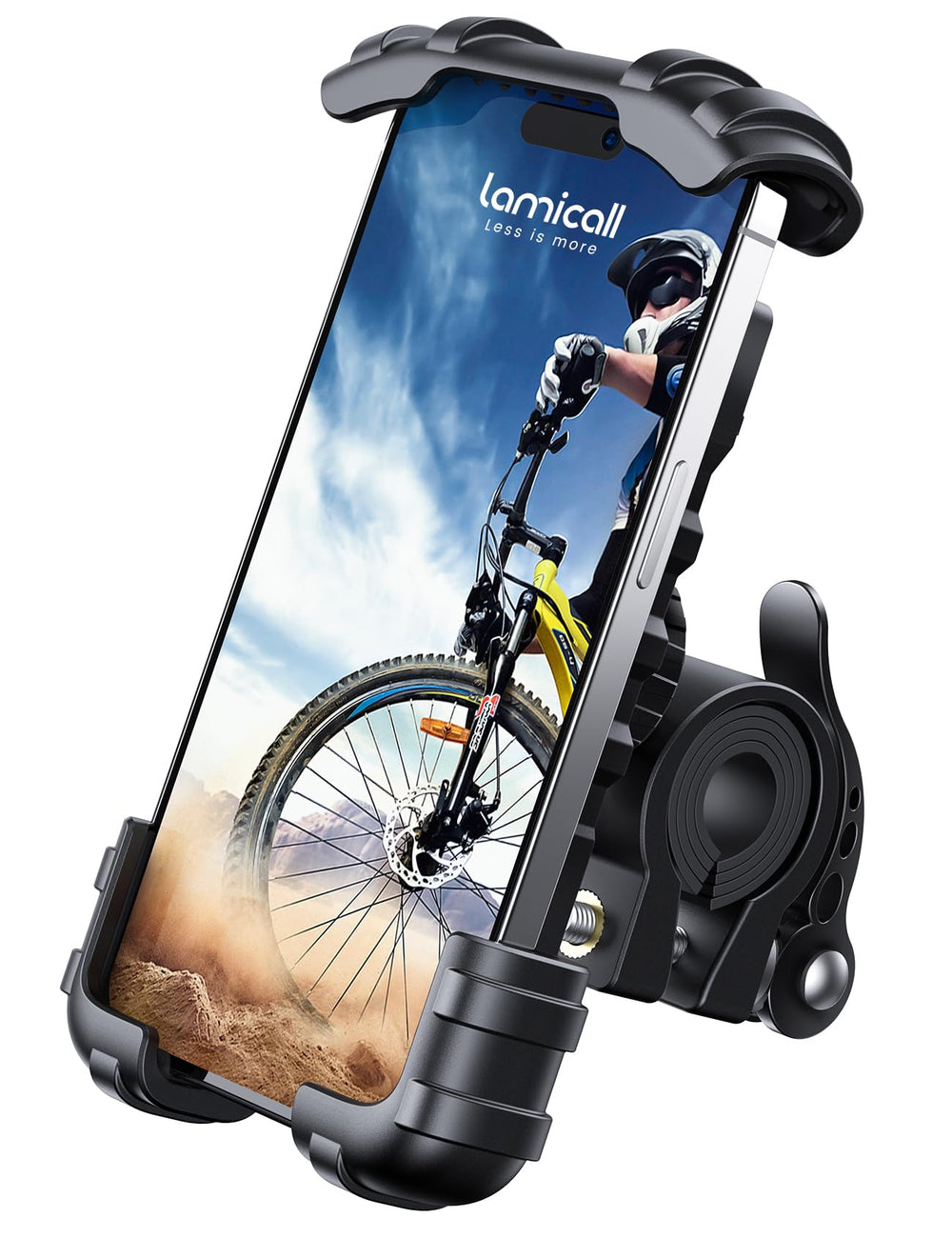 Lamicall bike phone holder clamps securely to handlebar corners for safety on bumpy rides.
