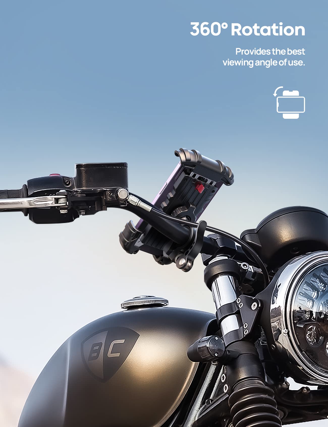 Adjustable orientation allows horizontal or vertical screen viewing during rides.