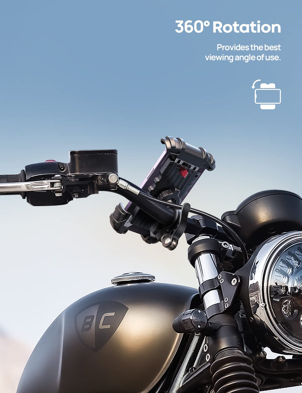 Adjustable orientation allows horizontal or vertical screen viewing during rides.