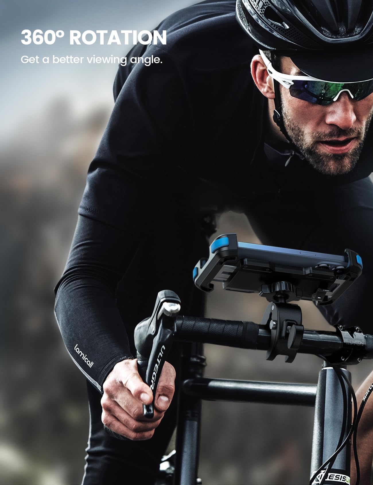 Lamicall bike phone holder showcases metal safety lock for high-speed stability.
