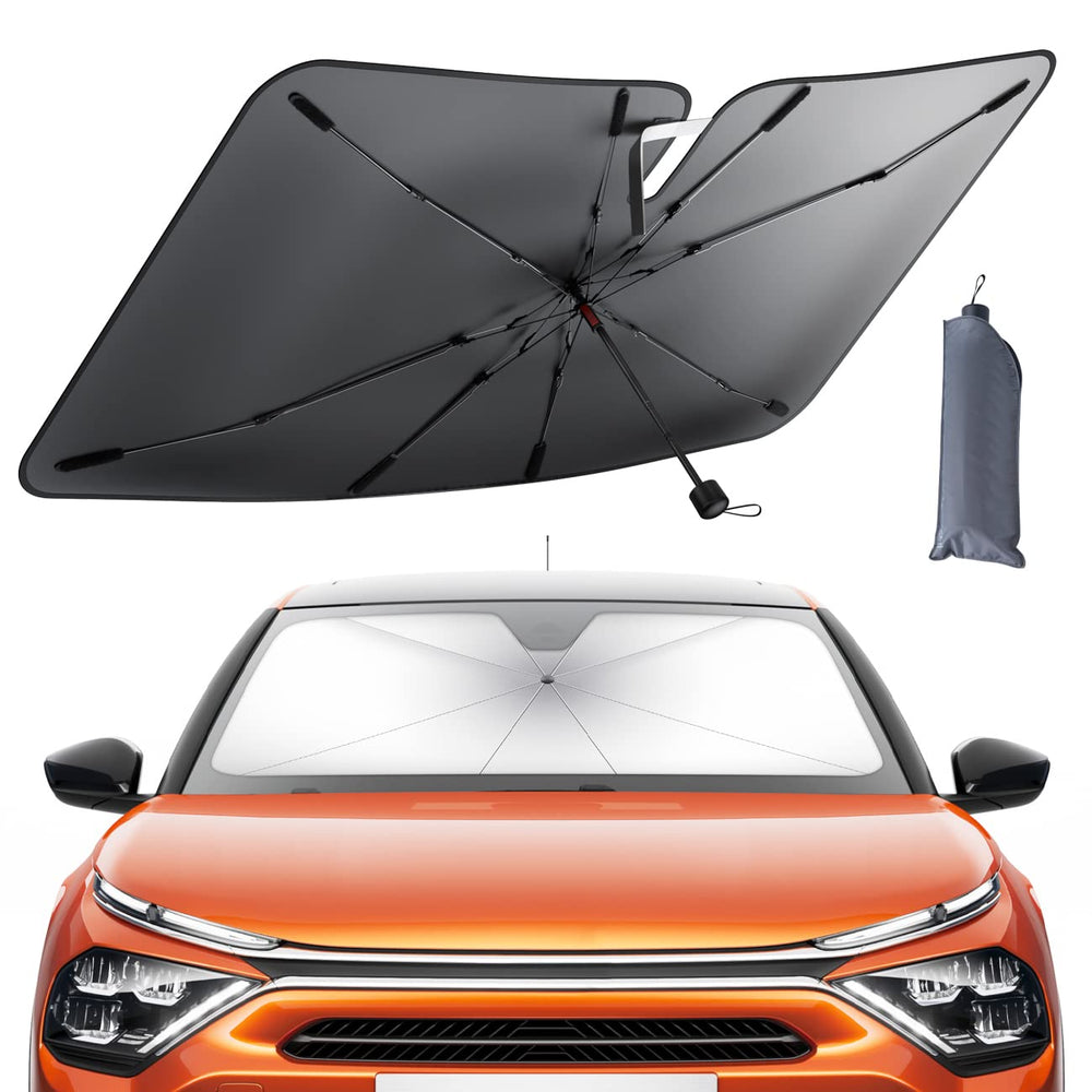 Lamicall car sunshade umbrella folded for easy storage and heat reduction.