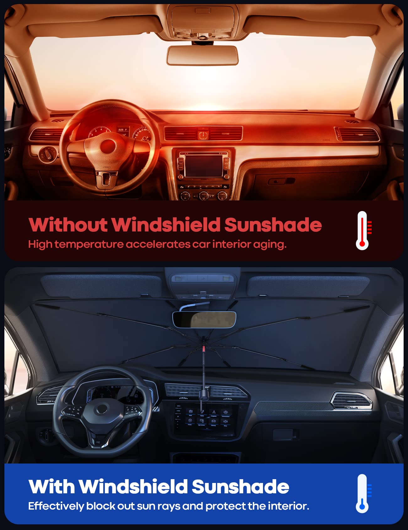 Lamicall windshield sunshade umbrella extended to fit large windshields with UV protection.