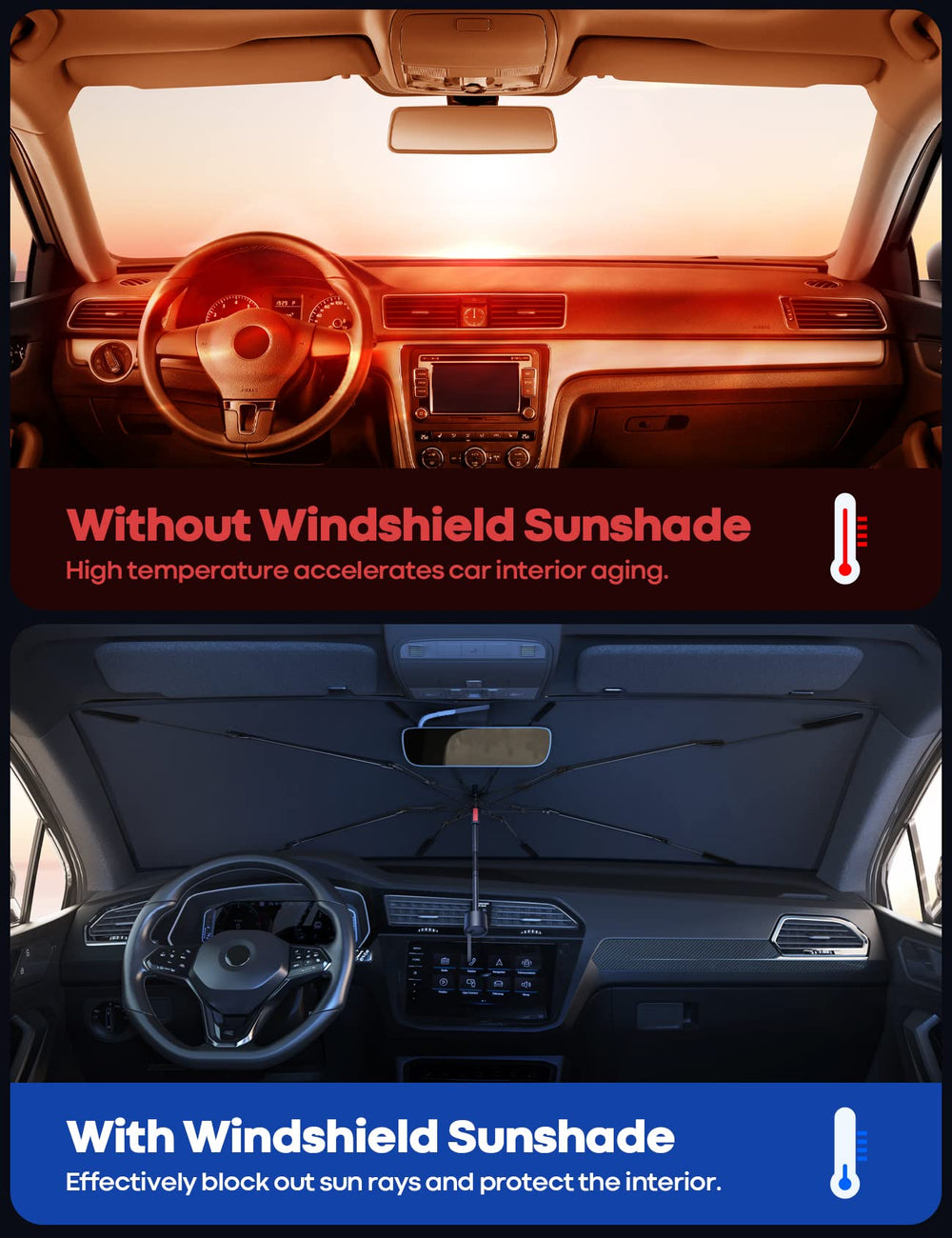 Lamicall windshield sunshade umbrella extended to fit large windshields with UV protection.