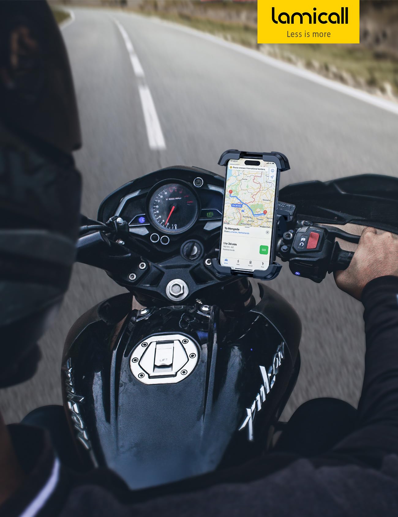 Blue Lamicall motorcycle mount shows secure, visible phone access.