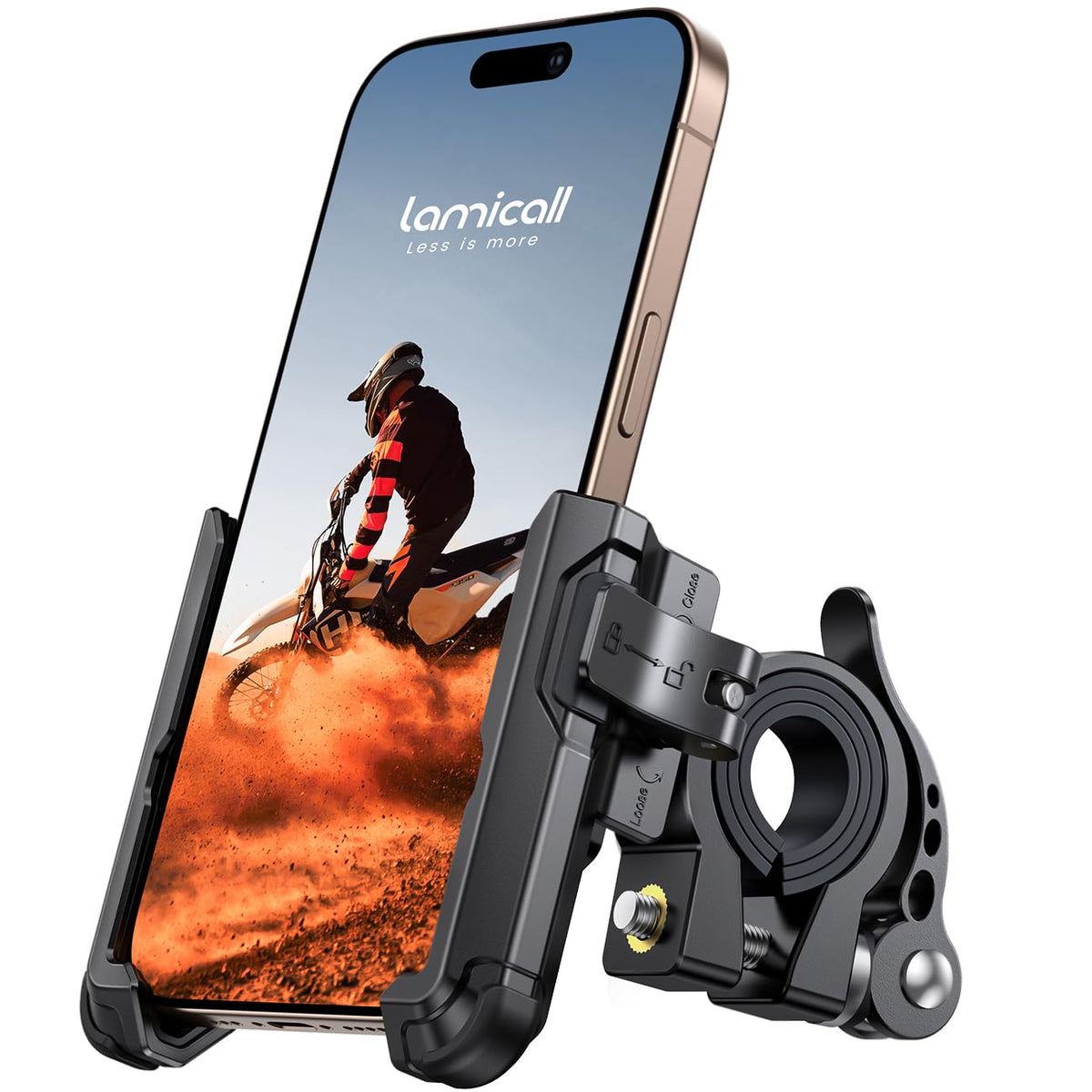 Lamicall motorcycle mount on handlebars with unobstructed rear camera view for filming