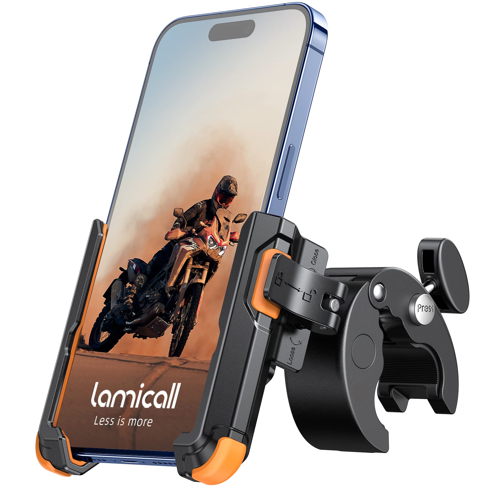 Lamicall motorcycle mount showing the 1s lock feature for quick securing