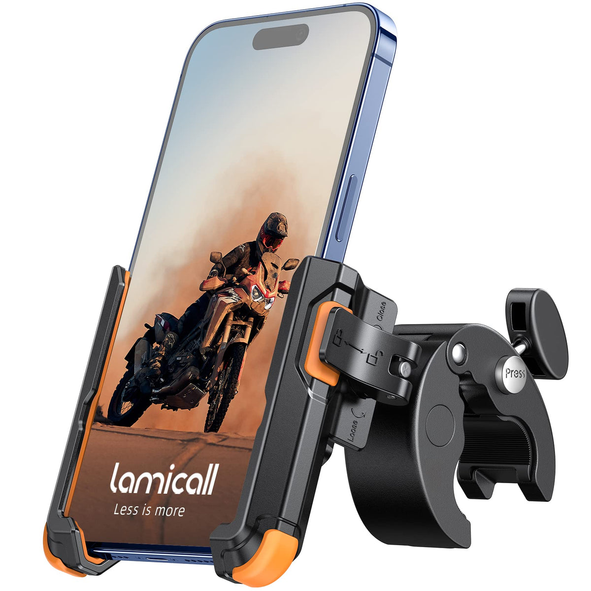 Lamicall motorcycle mount showing the 1s lock feature for quick securing