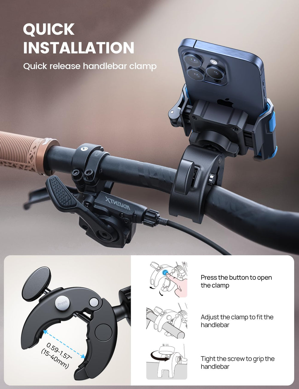 Lamicall clamp grips handlebars securely on uneven roads