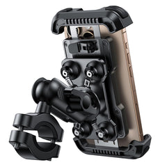 Lamicall motorcycle mount with carbon fiber panel for secure phone viewing on the road.
