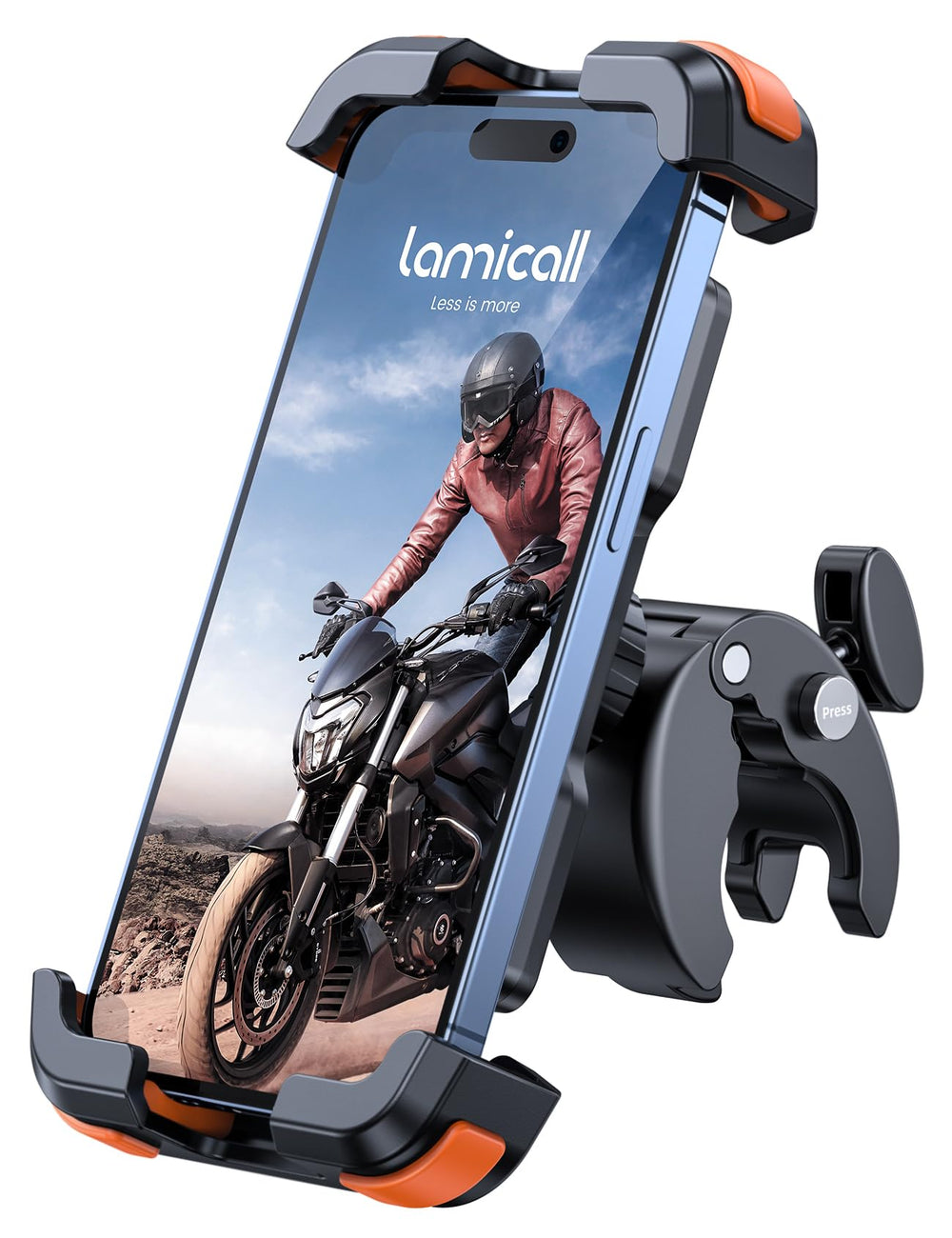 Lamicall motorcycle phone mount clip secures your device on handlebars during rides.