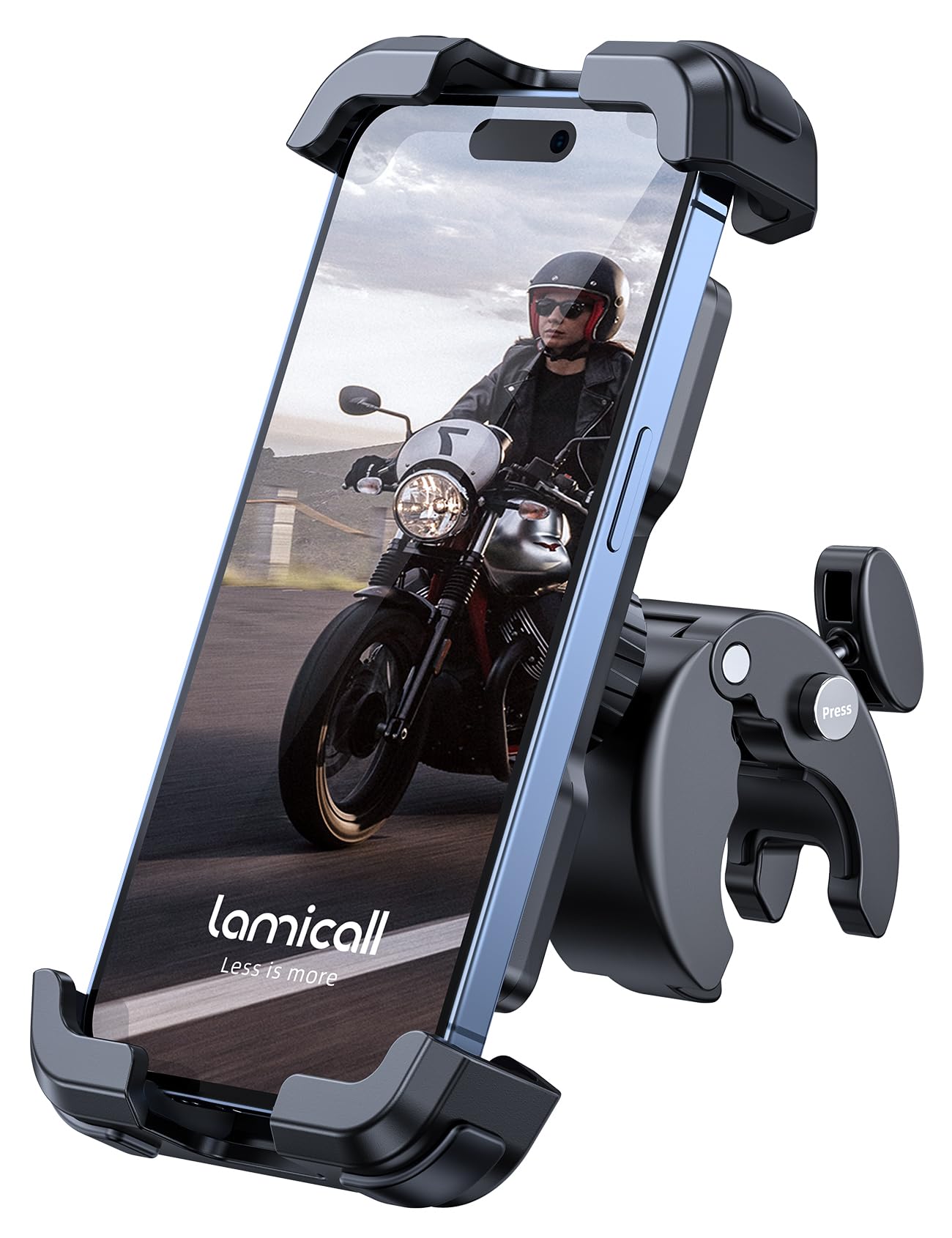 Lamicall motorcycle mount with metal lock provides secure hold on handlebars during rides.