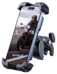 Lamicall motorcycle mount with metal lock provides secure hold on handlebars during rides.