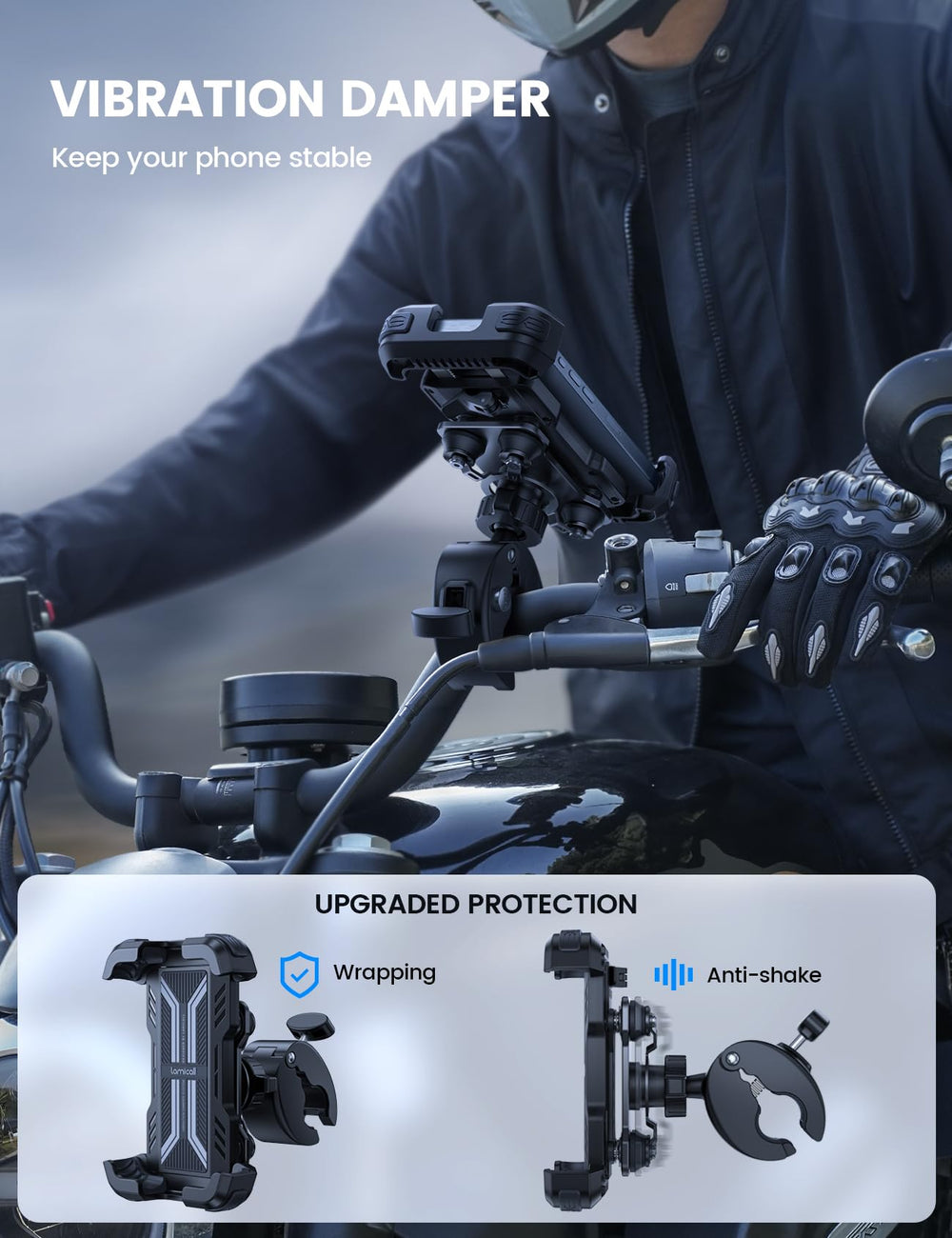 Lamicall upgrade handlebar clip shown for quick one-hand mounting.