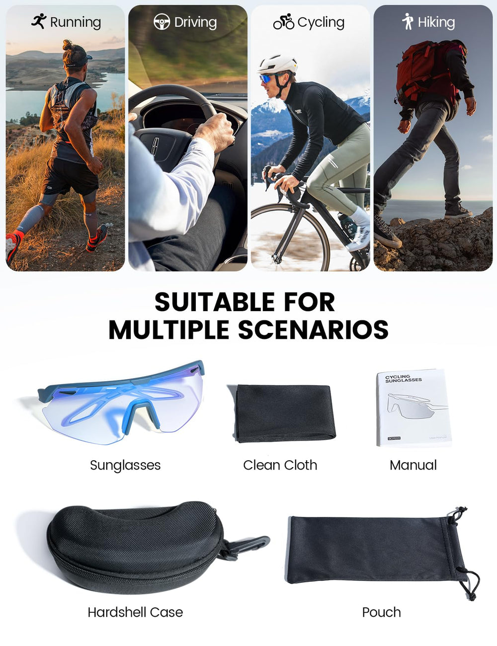 Lamicall hard case, cleaning cloth, pouch, and clip protect sunglasses.