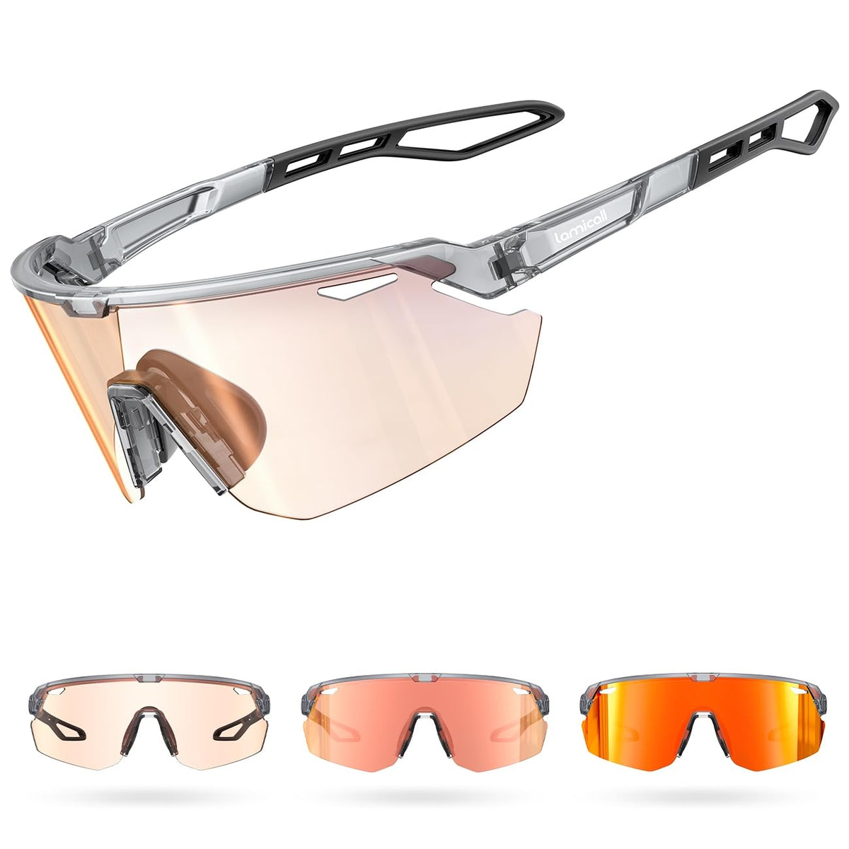 Lamicall photochromic sunglasses with PC lens for adaptive light control outdoors and indoors.