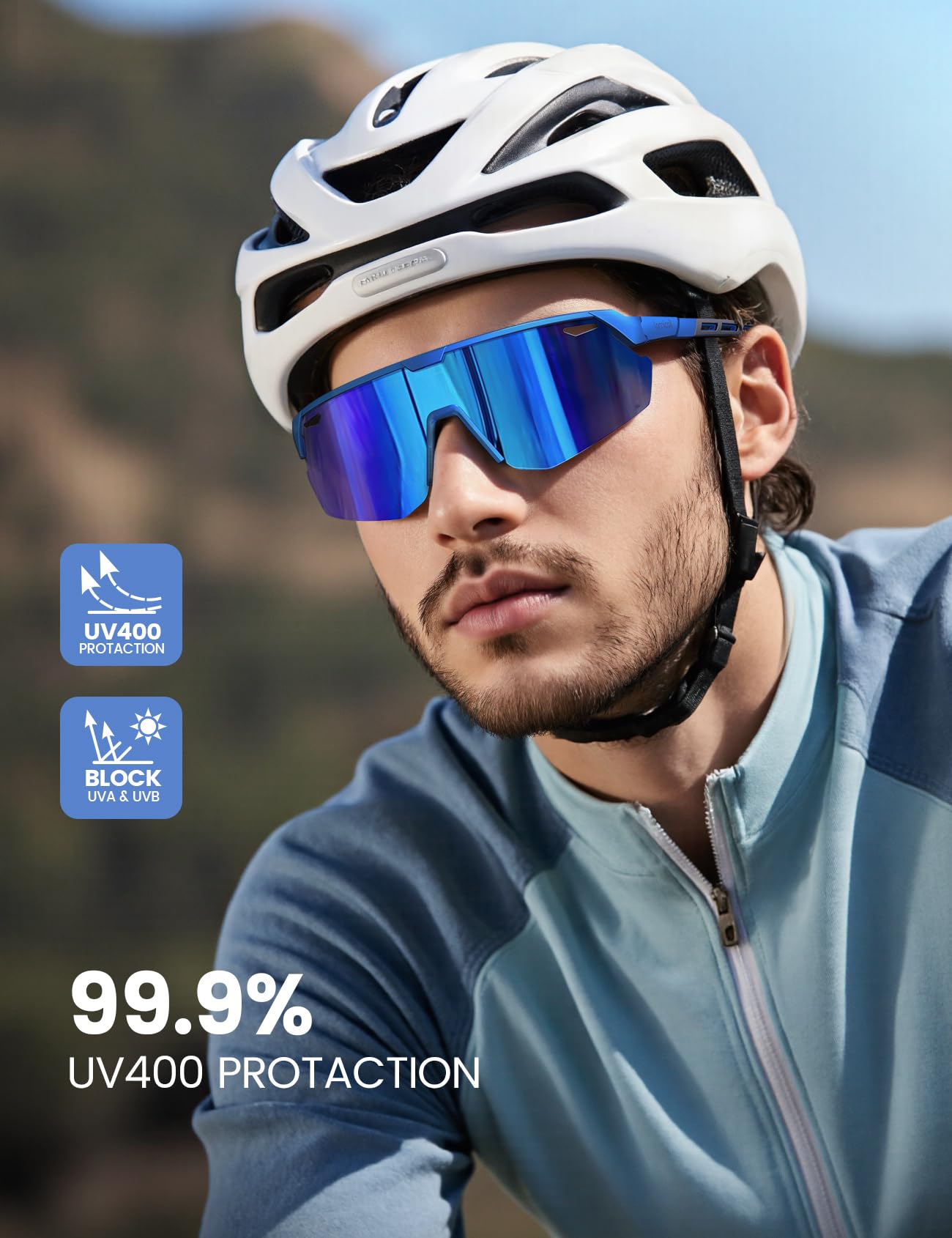 Lamicall polarized sunglasses blue lens close-up showing polarization and color clarity.