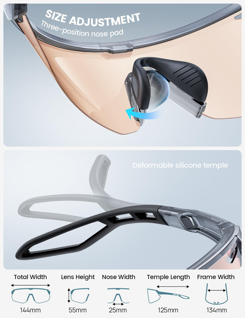 Lamicall silicone temples provide skin-friendly wear.