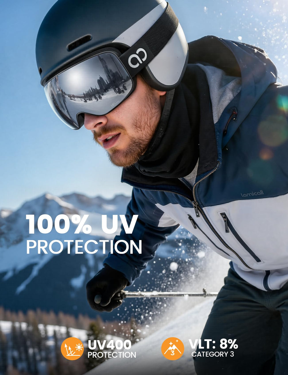 Lamicall ski goggles provide 100% UV protection for safer mountain days.