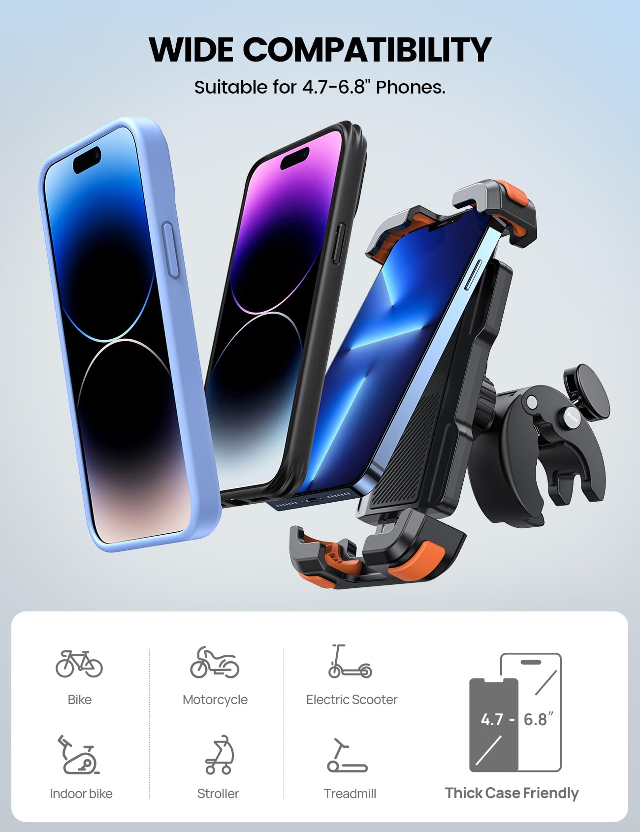 Lamicall wide compatibility fits 4.7–6.8 inch phones on many handlebars.