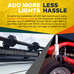 LAMPHUS Cruizer bar clamp for 1.5-inch tubes enables versatile light bar setups on trucks.
