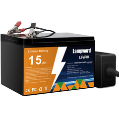 Lampword Lithium 12V 15Ah battery powering a compact off-grid setup