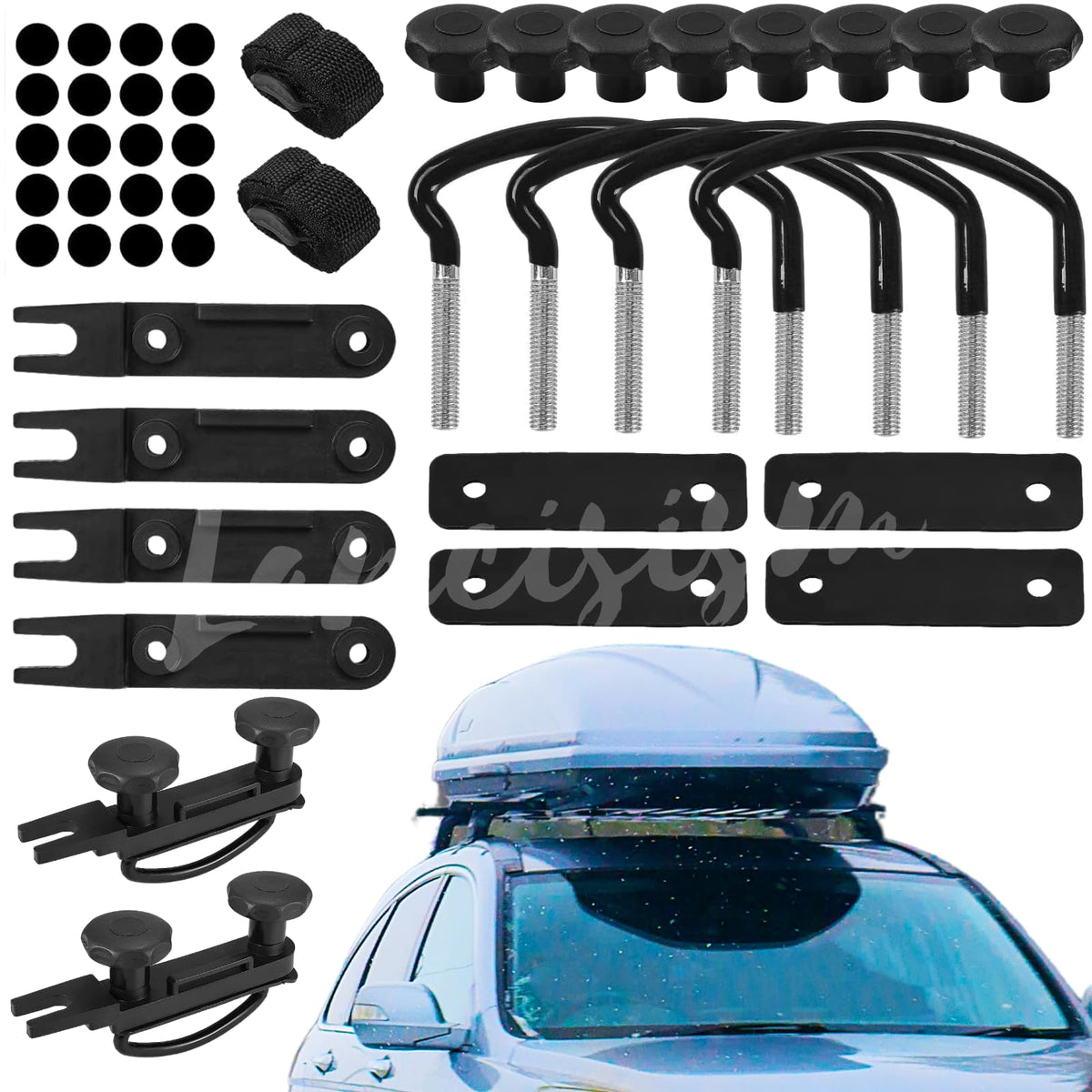 Lancisism roof box U-bolt clamps, assembled for secure cargo fastening on roads
