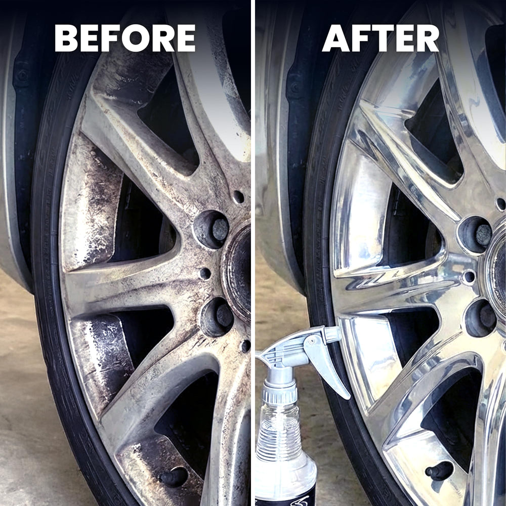 Close-up of oxidized aluminum wheel before cleaning with LANE'S