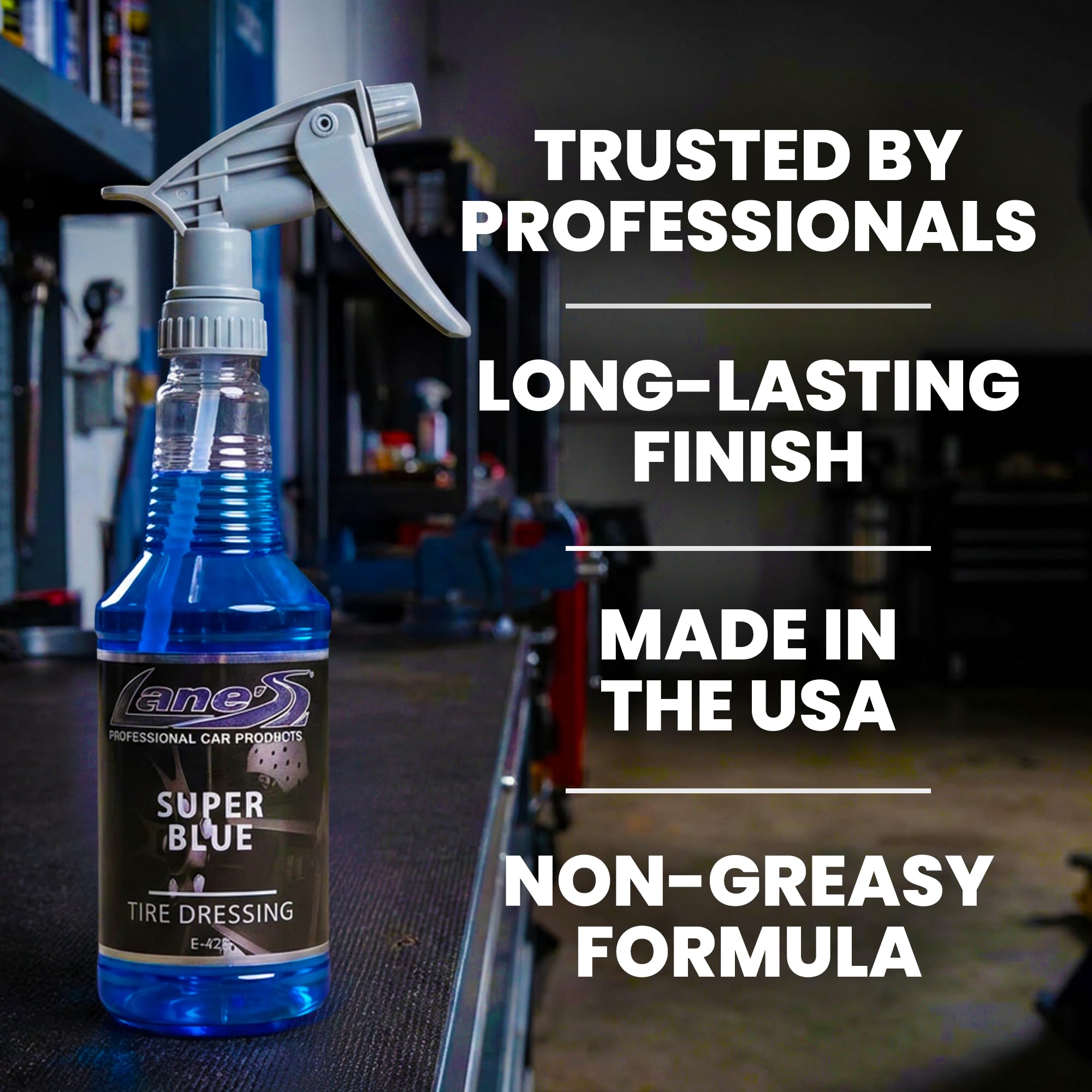 LANE'S Super Blue Tire Dressing shown with no sling effect.