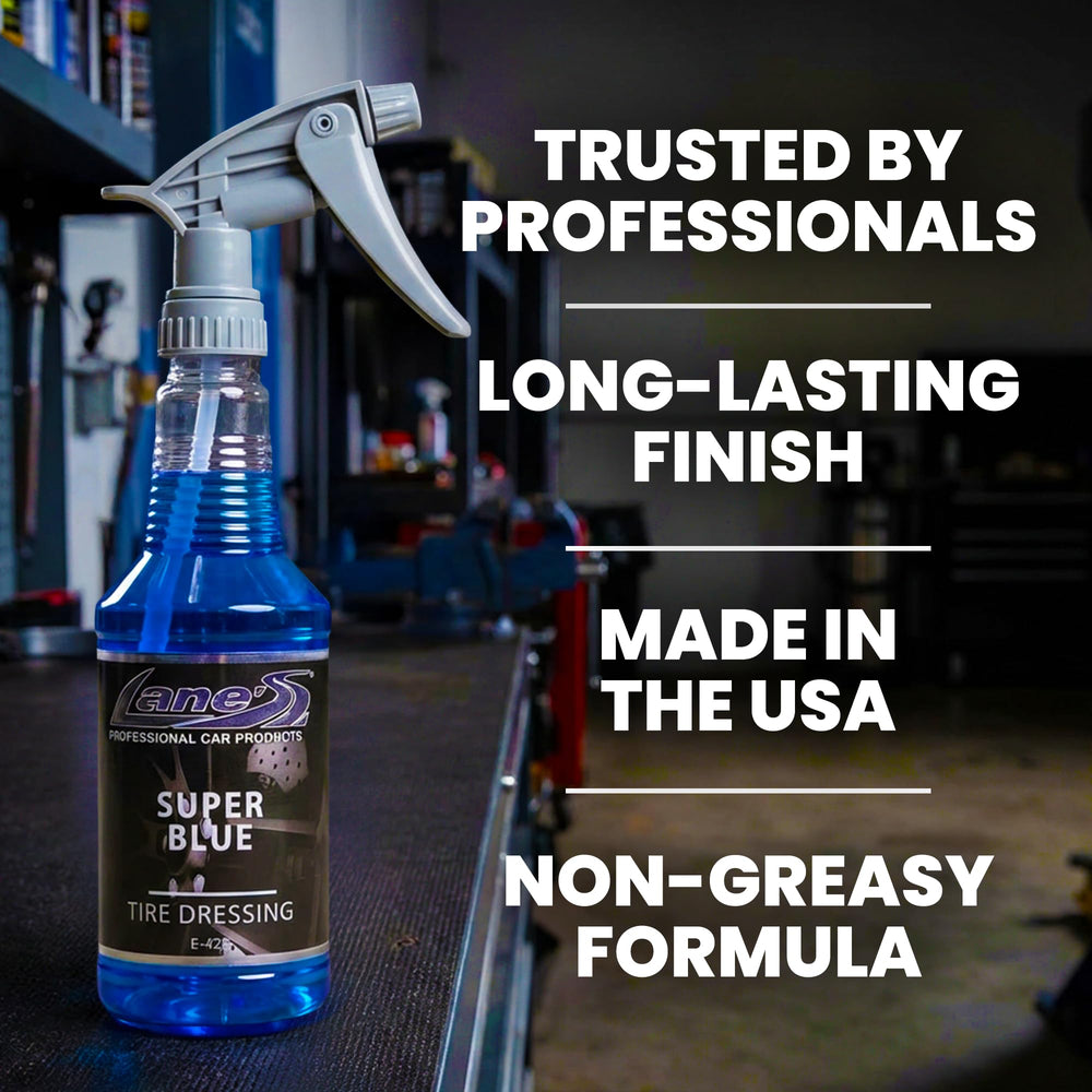 LANE'S Super Blue Tire Dressing shown with no sling effect.